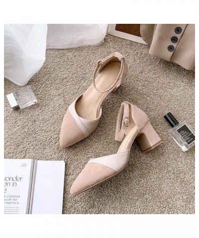 Womens Ankle Strap Dress Pump Heel Shoes Comfortable Pointed Toe Colorblock Block Heeled Sandals Beige $26.54 Pumps