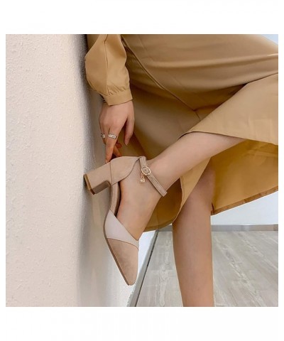 Womens Ankle Strap Dress Pump Heel Shoes Comfortable Pointed Toe Colorblock Block Heeled Sandals Beige $26.54 Pumps