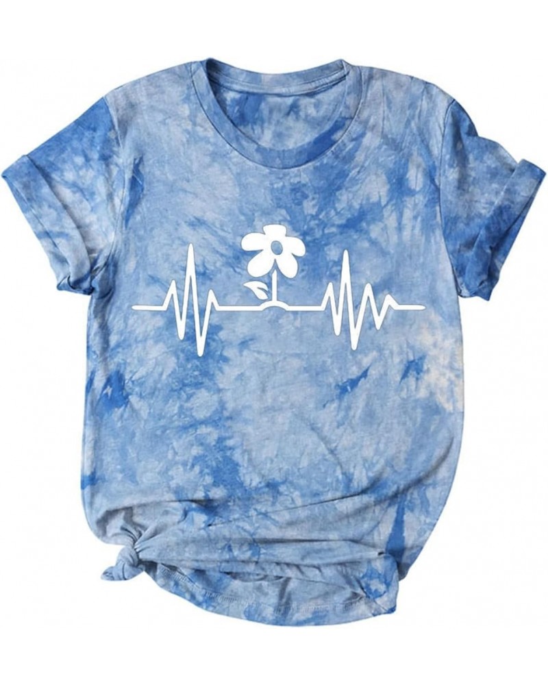 New Tie Dyed T Shirt Women's Flower Printing Short Sleeve Tie Dyed T Shirt Shirt Athletic Women Sky Blue $12.64 Fashion Sneakers