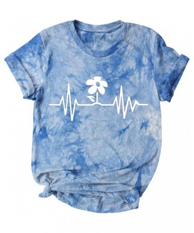 New Tie Dyed T Shirt Women's Flower Printing Short Sleeve Tie Dyed T Shirt Shirt Athletic Women Sky Blue $12.64 Fashion Sneakers