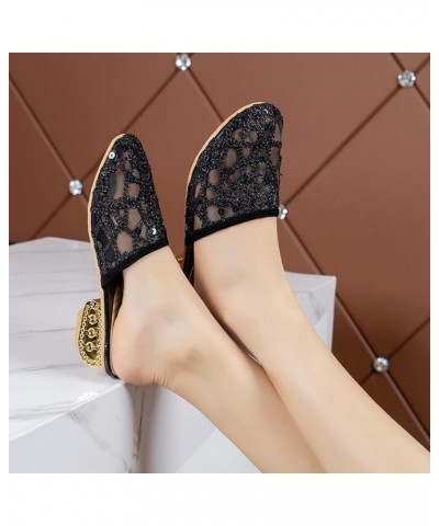 Women Sandals Solid Color Sequin Mesh Breathable Thick Heel Casual Style Black ➤➤ 2024 Sandal for Women $12.50 Boots