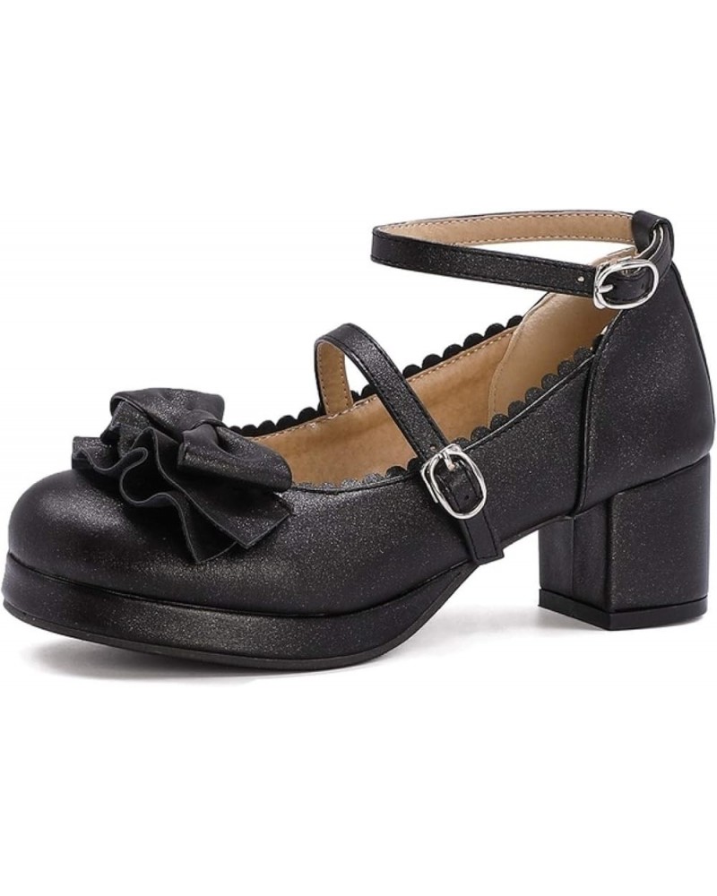 Women's Cute Lovely Bow-Knot Platform Ankle Strap Mary Jane Shoes Ladies Sweet Round Toe Chunky Heels Pumps Black $28.42 Pumps