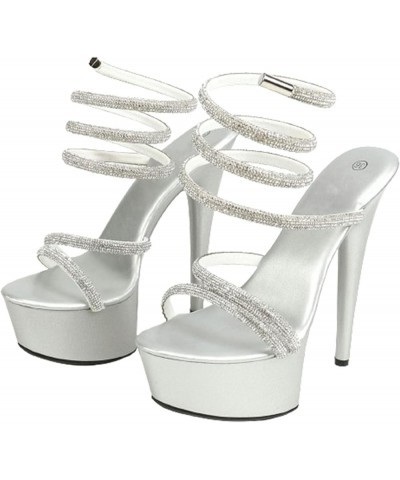 Summer Women's Rhinestone Strap High Heeled Sandals with 15cm Slim Heels and Patent Leather High Heels Silver $43.85 Sandals