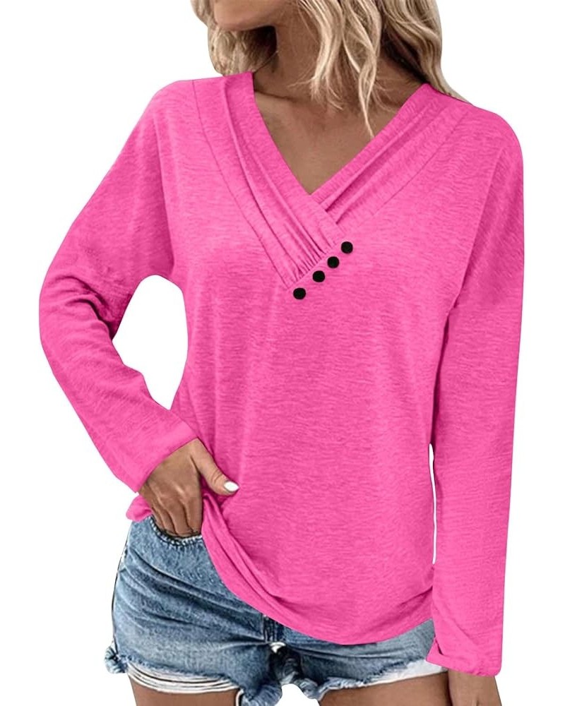 Womens Fall Fashion 2023 Long Sleeve Solid Color Pullover Chest Panel Ruched Button V Neck T Shirt Dressy Outfits 3-hot Pink ...