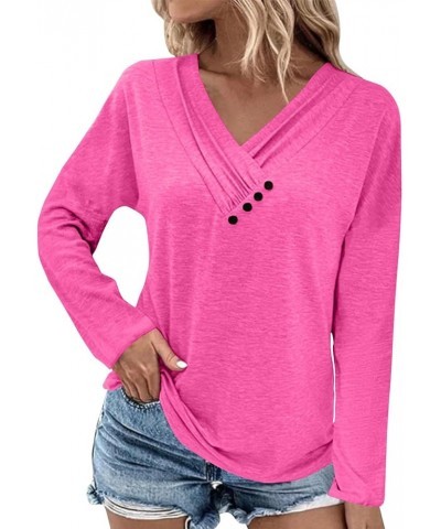 Womens Fall Fashion 2023 Long Sleeve Solid Color Pullover Chest Panel Ruched Button V Neck T Shirt Dressy Outfits 3-hot Pink ...