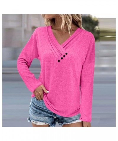 Womens Fall Fashion 2023 Long Sleeve Solid Color Pullover Chest Panel Ruched Button V Neck T Shirt Dressy Outfits 3-hot Pink ...