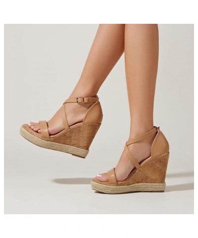 Women Lace up Espadrille Platform Shoes Ladies Breathable Open Toe Ankle Wrap Wedges Summer Buckle Strap Heeled 6.5 Beige $26...