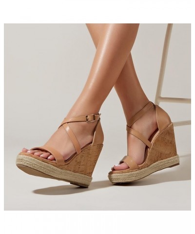 Women Lace up Espadrille Platform Shoes Ladies Breathable Open Toe Ankle Wrap Wedges Summer Buckle Strap Heeled 6.5 Beige $26...