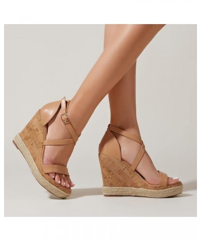 Women Lace up Espadrille Platform Shoes Ladies Breathable Open Toe Ankle Wrap Wedges Summer Buckle Strap Heeled 6.5 Beige $26...