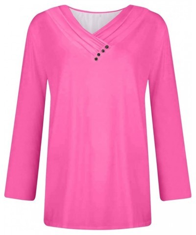 Womens Fall Fashion 2023 Long Sleeve Solid Color Pullover Chest Panel Ruched Button V Neck T Shirt Dressy Outfits 3-hot Pink ...