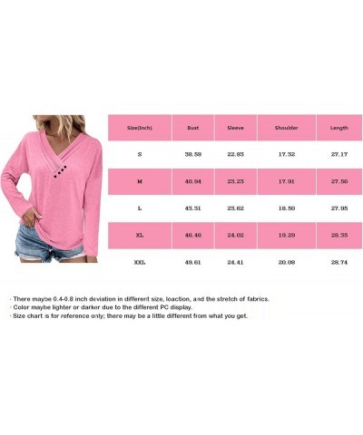 Womens Fall Fashion 2023 Long Sleeve Solid Color Pullover Chest Panel Ruched Button V Neck T Shirt Dressy Outfits 3-hot Pink ...