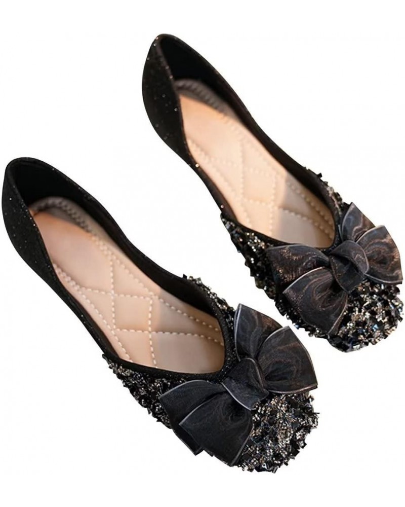 Flats For Women Comfortable Square Toe Bowknot Ballet Flats Slip On Casual Flats Shiny Rhinestone Wedding Flats H Black $11.9...