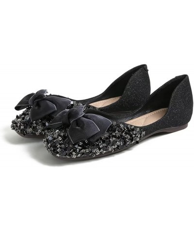 Flats For Women Comfortable Square Toe Bowknot Ballet Flats Slip On Casual Flats Shiny Rhinestone Wedding Flats H Black $11.9...