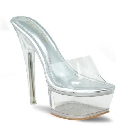 Women's Clear Stiletto High Heel Platform Sandals Holo Silver Clear $28.90 Sandals