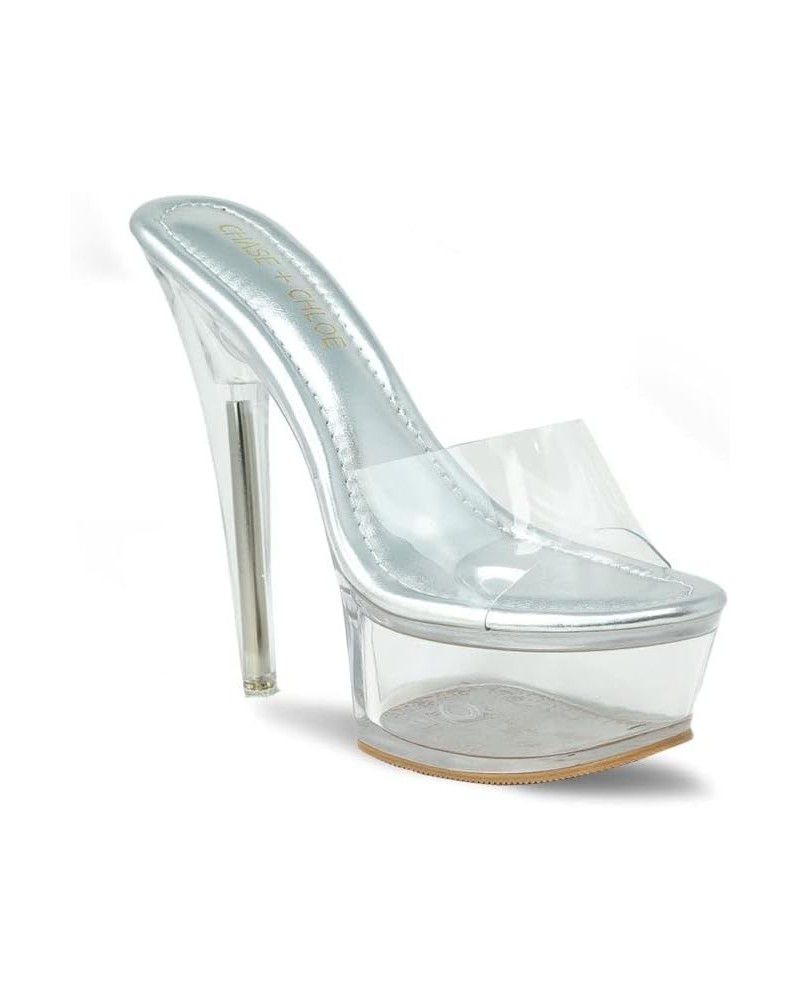 Women's Clear Stiletto High Heel Platform Sandals Holo Silver Clear $28.90 Sandals