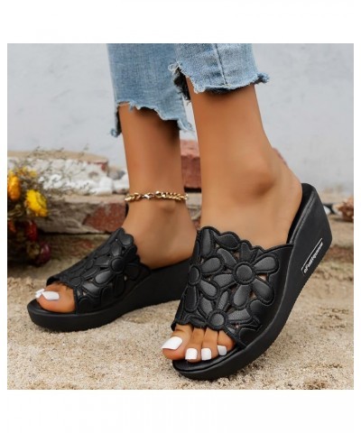 Summer Slippers for Women Outdoor Use Ladies Fashion Retro Solid Color Leather Embroidered Flower Open Toe Wedge Sandals (Bla...