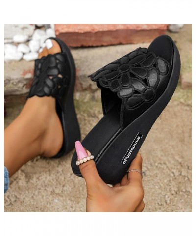 Summer Slippers for Women Outdoor Use Ladies Fashion Retro Solid Color Leather Embroidered Flower Open Toe Wedge Sandals (Bla...