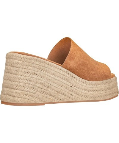 Women's Wedge Sandal Espadrille Platform Slip On Open Toe Wedge Heel Sandals Caramel Suede $13.76 Sandals