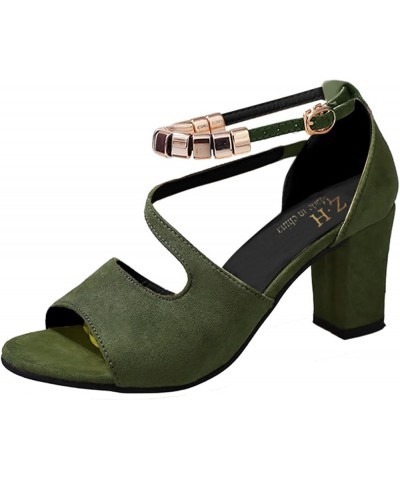 Women's Open Toe Ankle Strap High Chunky Heel Sandals Womens Heeled Sandals Black Army Green $18.09 Sandals