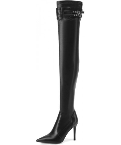 Women's Large Size Classic Pure Black Color Sexy Buckle Zip Pointed Toe Tights Kitten Heels Over Knee Thigh High Boots Black ...