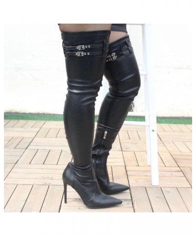 Women's Large Size Classic Pure Black Color Sexy Buckle Zip Pointed Toe Tights Kitten Heels Over Knee Thigh High Boots Black ...