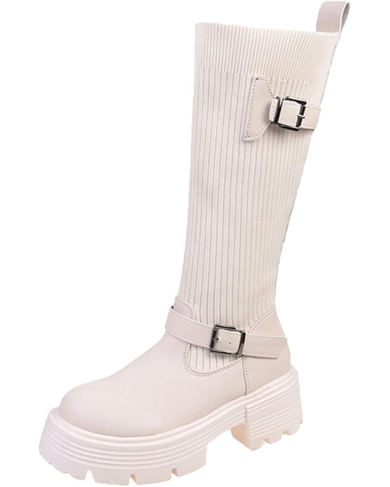 Women Mid Calf Boots Autumn And Winter Fashion Knit Belt Buckles Decoration Comfortable Womens Boots Mid Calf White $20.42 Boots