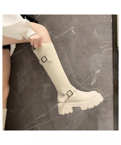 Women Mid Calf Boots Autumn And Winter Fashion Knit Belt Buckles Decoration Comfortable Womens Boots Mid Calf White $20.42 Boots