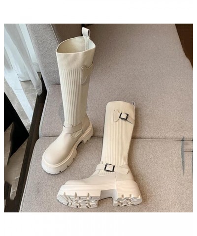 Women Mid Calf Boots Autumn And Winter Fashion Knit Belt Buckles Decoration Comfortable Womens Boots Mid Calf White $20.42 Boots