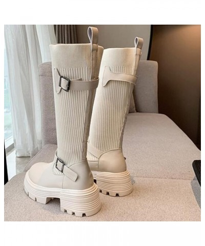 Women Mid Calf Boots Autumn And Winter Fashion Knit Belt Buckles Decoration Comfortable Womens Boots Mid Calf White $20.42 Boots