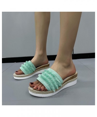 Ladies Fashion Summer Tassel Colored Fabric Face Open Toe Slope Heel Thick Sole Chunky Platform Heels Green $14.08 Sandals