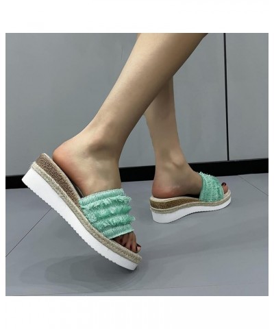 Ladies Fashion Summer Tassel Colored Fabric Face Open Toe Slope Heel Thick Sole Chunky Platform Heels Green $14.08 Sandals