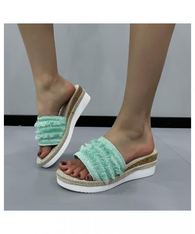 Ladies Fashion Summer Tassel Colored Fabric Face Open Toe Slope Heel Thick Sole Chunky Platform Heels Green $14.08 Sandals