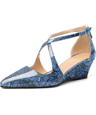 Women's Wedges Heels Criss Cross Heeled Sandals Pointed Toe Ankle Strap Heel Pumps Fashion Dress Shoes Flower Blue $32.49 Pumps