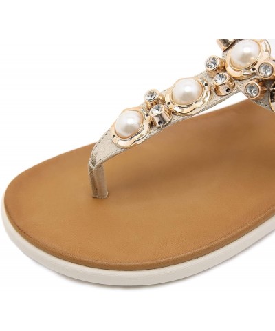 Womens Bohemian Glitter Summer Flat Sandals Prime Rhinestone T-Strap Pretend Pearls Thong Shoes Golden $21.65 Sandals