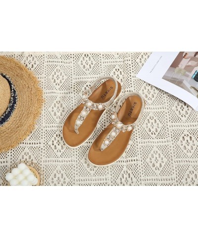 Womens Bohemian Glitter Summer Flat Sandals Prime Rhinestone T-Strap Pretend Pearls Thong Shoes Golden $21.65 Sandals