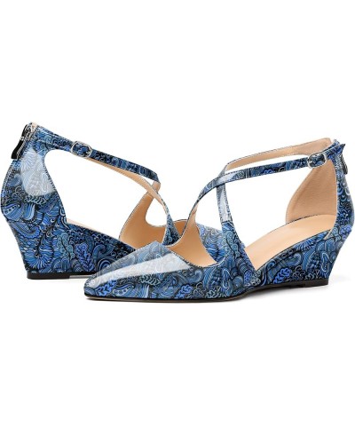 Women's Wedges Heels Criss Cross Heeled Sandals Pointed Toe Ankle Strap Heel Pumps Fashion Dress Shoes Flower Blue $32.49 Pumps