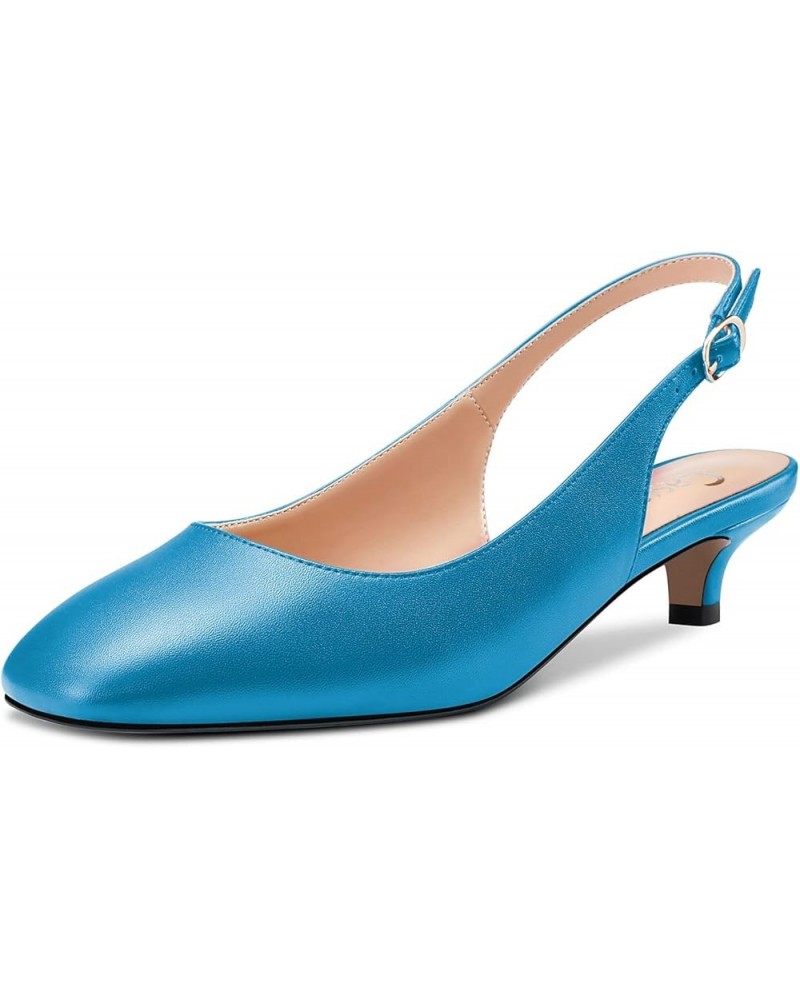 Women Low Kitten Heel Close Square Toe Slip-on Pumps Slingback Classic Dress Sandals 1.4 Inches Heels Blue Matte $33.70 Sandals