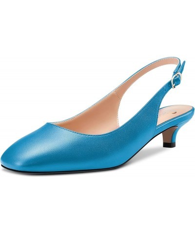 Women Low Kitten Heel Close Square Toe Slip-on Pumps Slingback Classic Dress Sandals 1.4 Inches Heels Blue Matte $33.70 Sandals