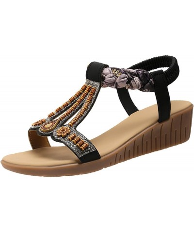 Sandalias verano mujer zapatos cuña tacón inclinado sin cordones boca pez sandalias playa bohemias cuentas informales C-361 B...