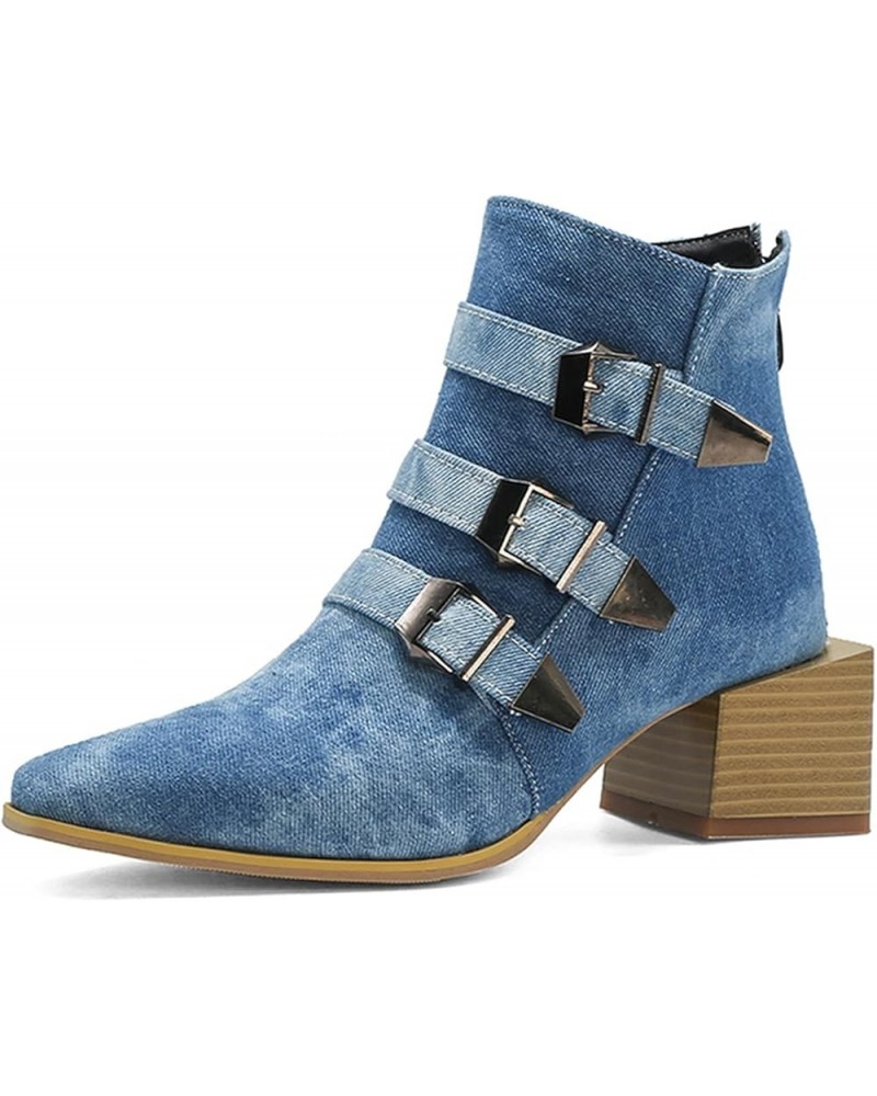 Women Square Heel Ankle Boots with Back Zipper Blue $33.03 Boots