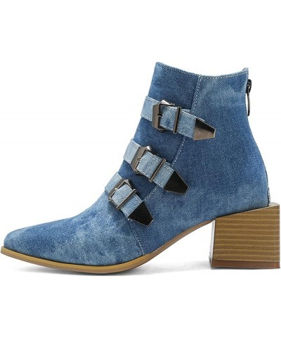 Women Square Heel Ankle Boots with Back Zipper Blue $33.03 Boots