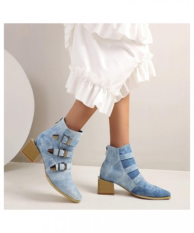 Women Square Heel Ankle Boots with Back Zipper Blue $33.03 Boots