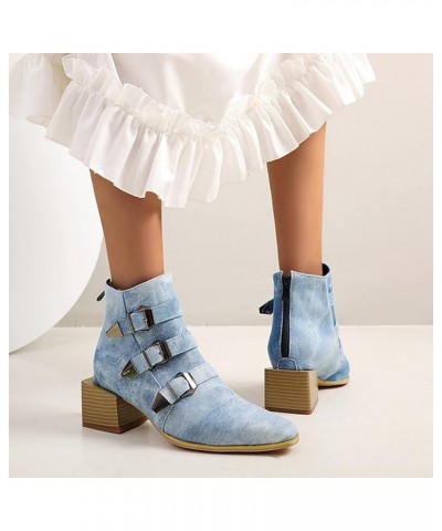 Women Square Heel Ankle Boots with Back Zipper Blue $33.03 Boots