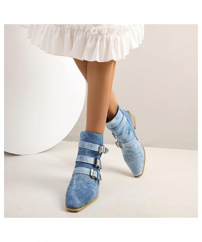 Women Square Heel Ankle Boots with Back Zipper Blue $33.03 Boots