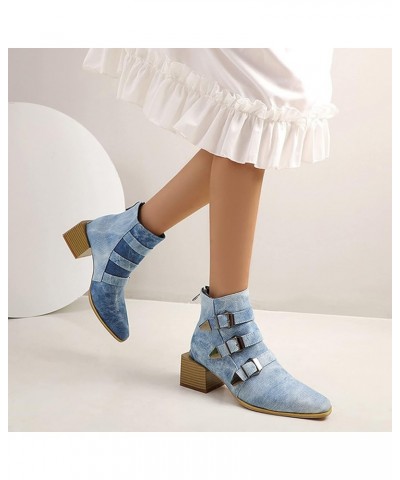 Women Square Heel Ankle Boots with Back Zipper Blue $33.03 Boots