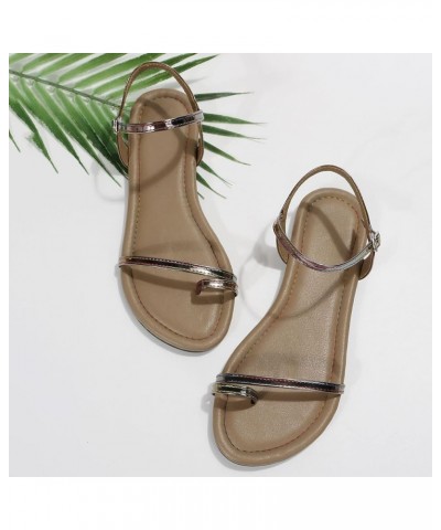 Casual Sandals for Women Wide Width Ladies Fashion Summer Solid Color Leather Cover Toe Buckle Casual Flat Sandals (Silver, 9...