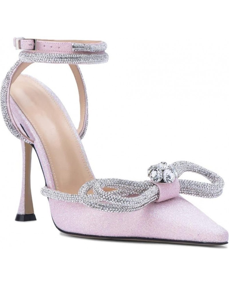 Clear Rhinestone Ankle Strap Pumps Heels with Crystal Double Bows 3 inch Pink-glitter $25.52 Sandals