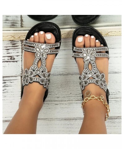 Women Ankle Strap Sparkly Rhinestone Wedge Sandal Beach Casual Boho Flat Non-Slip Flip Flops Sandal 77-ibzwp-b-black $14.61 S...