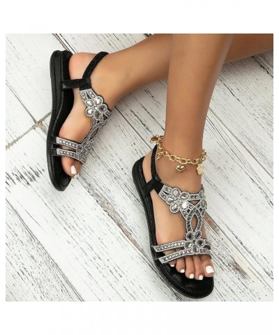 Women Ankle Strap Sparkly Rhinestone Wedge Sandal Beach Casual Boho Flat Non-Slip Flip Flops Sandal 77-ibzwp-b-black $14.61 S...