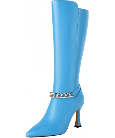 Womens Fashion Matte Pointed Toe Zip Dating Spool High Heel Knee High Boots 3.3 Inch Sky Blue $45.58 Boots